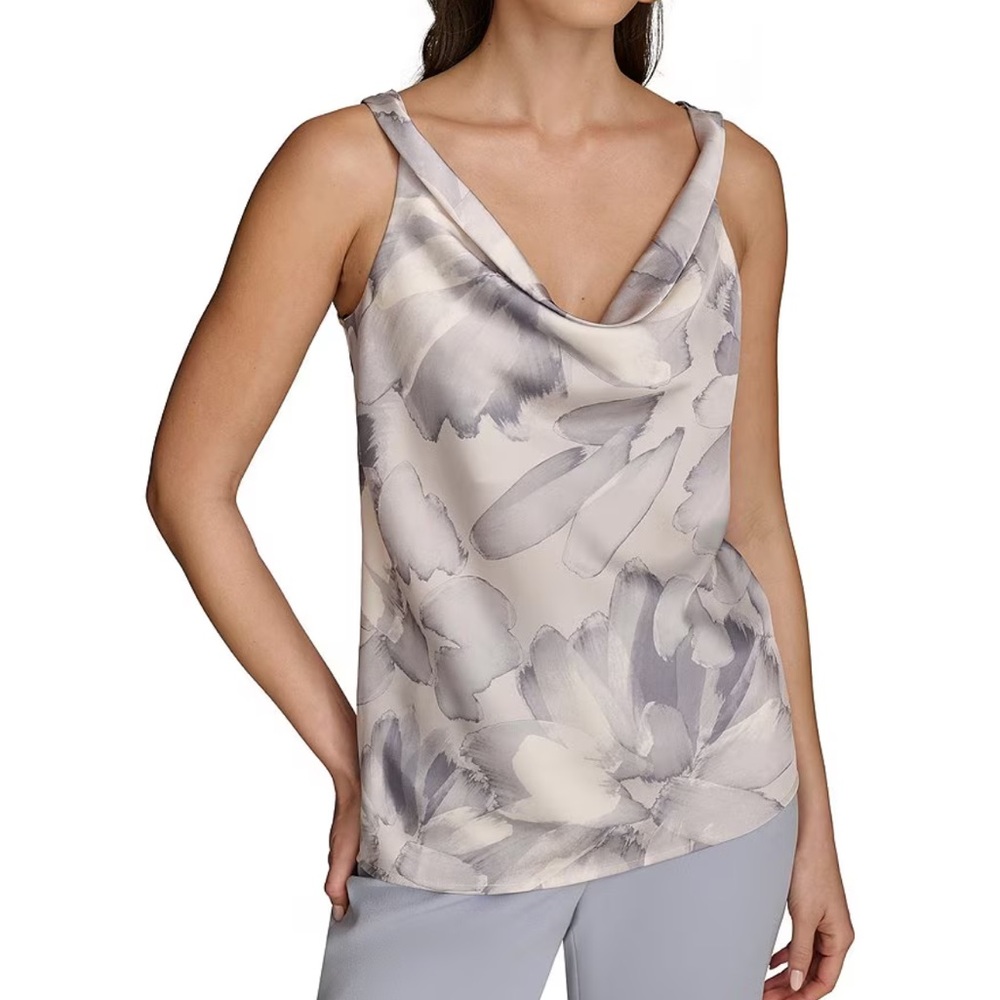 Donna Karan Printed Charmeuse Cowl Neck Twisted Strap Tank
